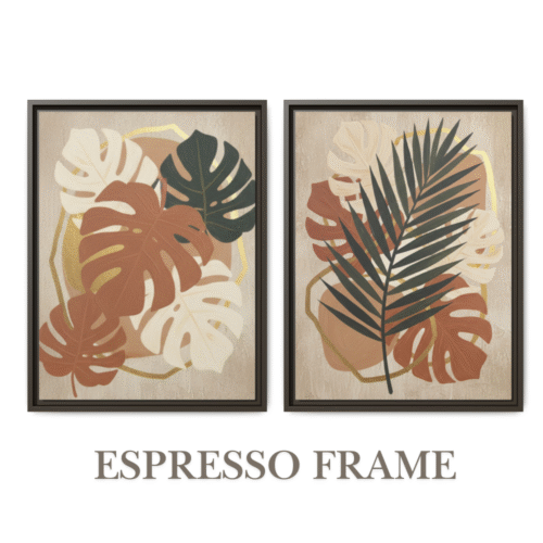 Botanical boho art set in sleek black frames, showcasing tropical leaf wall prints for a modern aesthetic.
