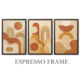 Close-up of 3-frame boho wall art set, highlighting White, Black, and Espresso frame options with subtle acrylic and watercolor textures.