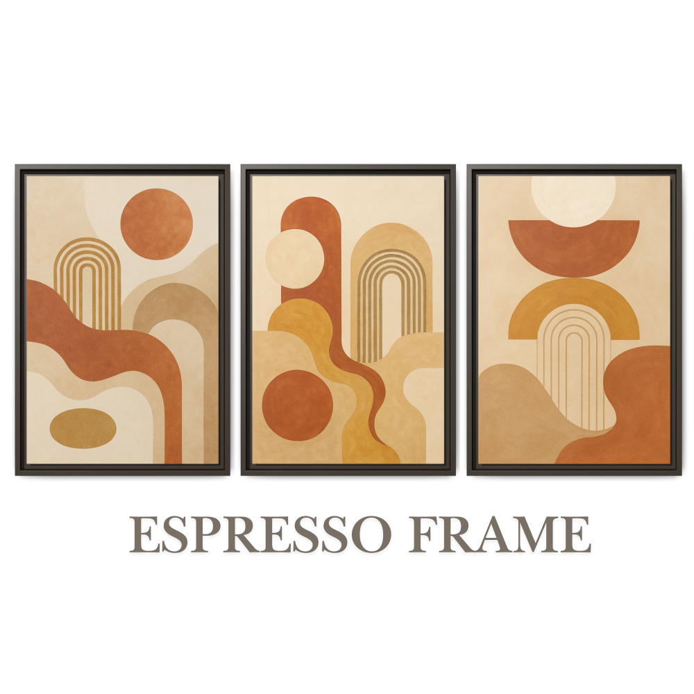 Close-up of 3-frame boho wall art set, highlighting White, Black, and Espresso frame options with subtle acrylic and watercolor textures.
