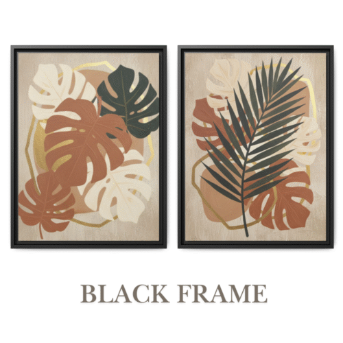Earthy botanical wall art set in rich espresso frames, enhancing warm boho and mid-century interiors.