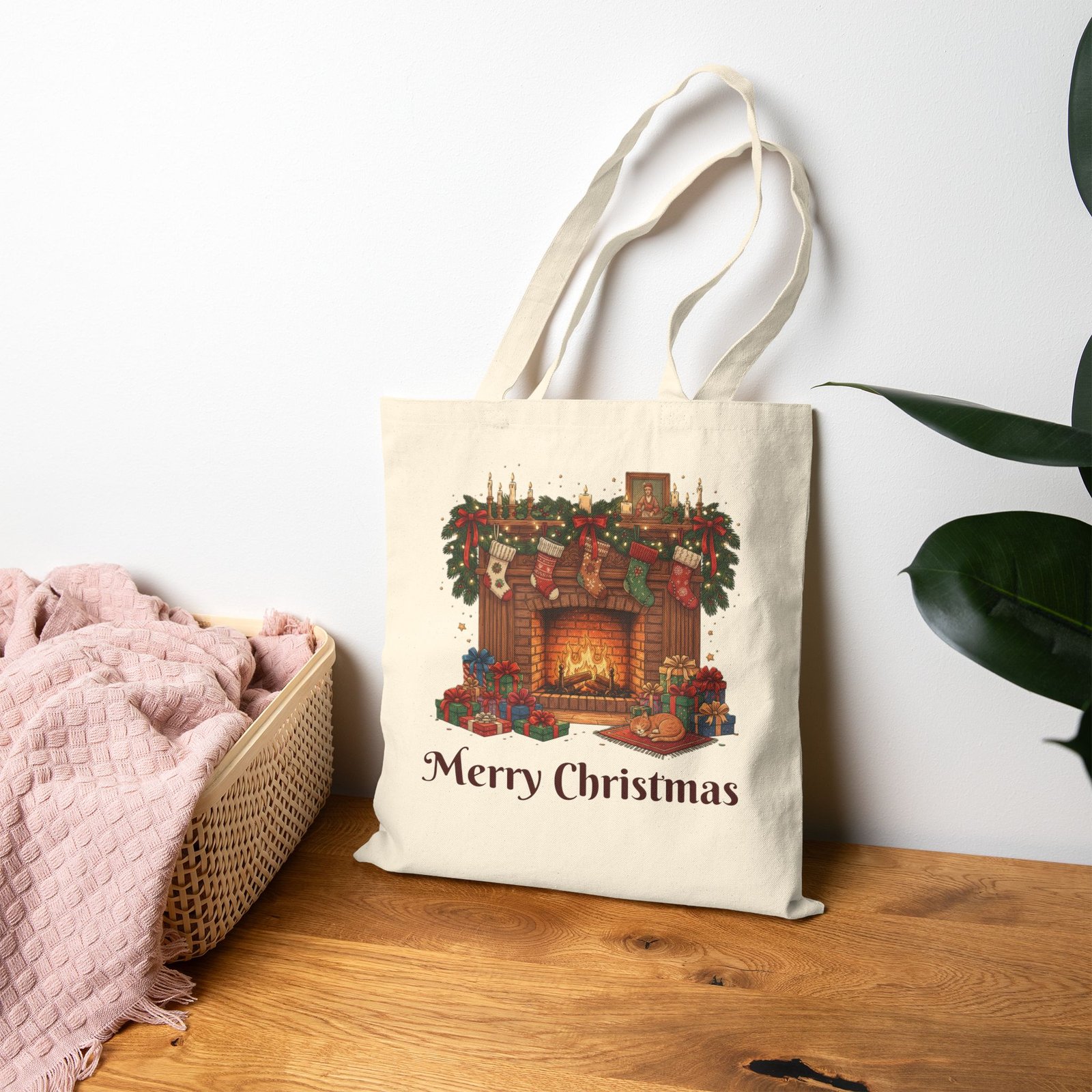 Cozy Christmas Fireplace Tote Bag – Holiday Illustration with Stockings, Garlands & Gifts
