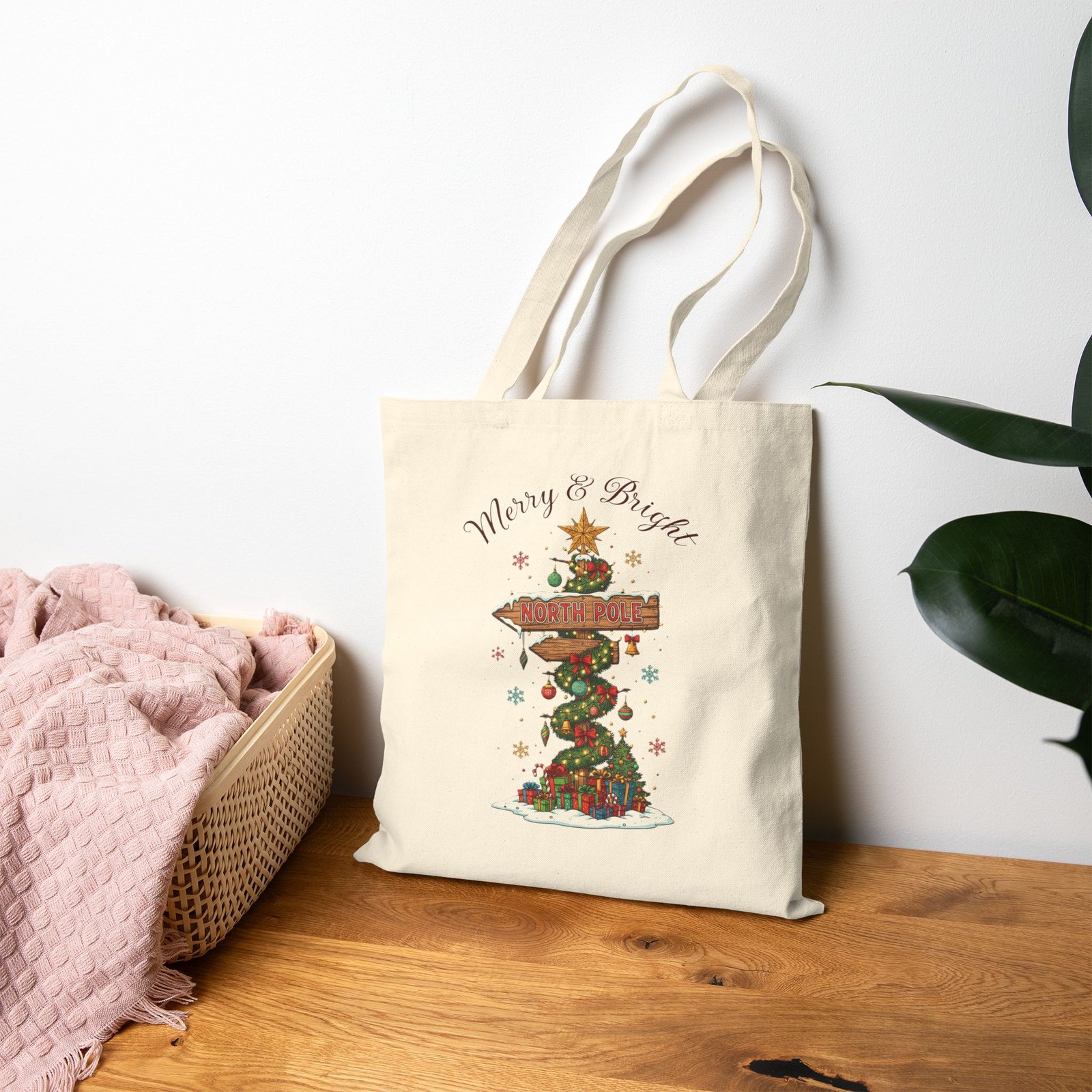 North Pole Tote Bag – Christmas Holiday Signpost Illustration Gift Bag