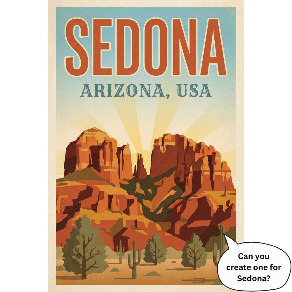 Custom town travel poster wall art created for a client, featuring a unique location illustrated in a classic vintage tourism poster aesthetic