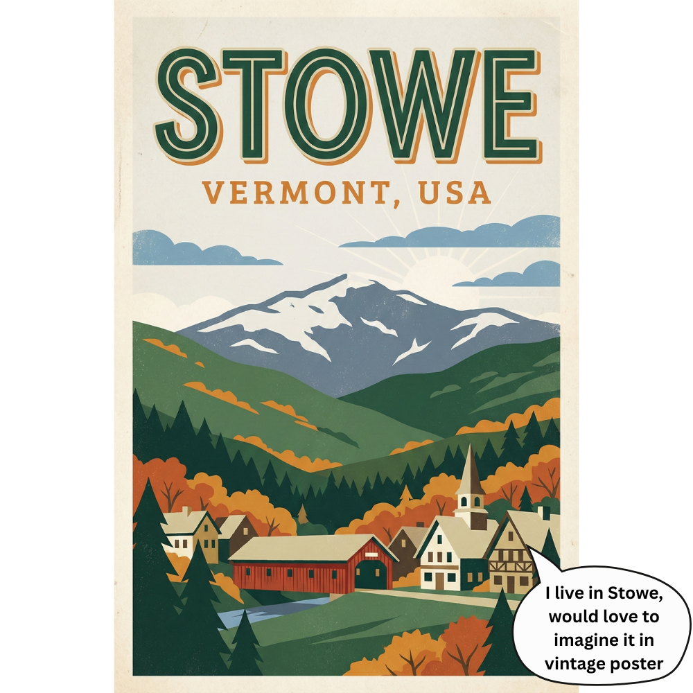 Custom vintage travel poster featuring a personalized town design created on request, illustrated in a retro mid-century travel poster style with iconic landmarks and classic typography