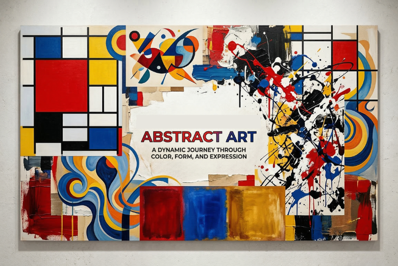 Cover image for the blog ‘20 Most Famous Abstract Paintings Explained’ featuring a vibrant collage of abstract art styles with geometric shapes, paint splatters, bold color blocks, and fluid brush strokes, inspired by Kandinsky, Pollock, Rothko, and other modern abstract artists.