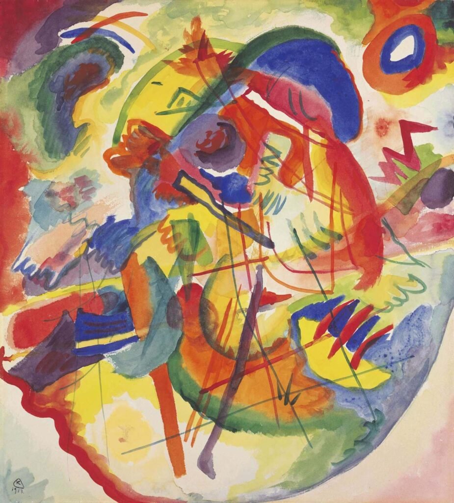 Artist: Wassily Kandinsky.​
Year: 1913.​
Painted just before the outbreak of World War I, this masterpiece subtly portrays two ships locked in a chaotic sea battle.