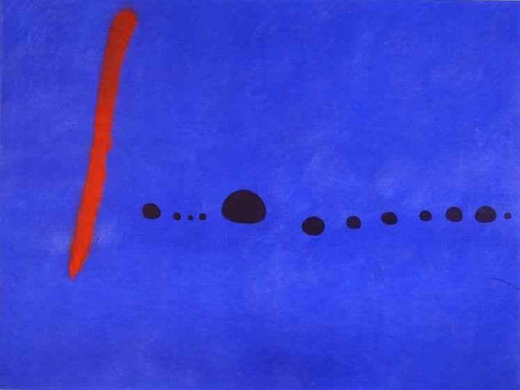 Artist: Joan Miró​
Year: 1961
Part of a triptych created during a deeply reflective period, this minimalist painting relies on vast expanses of blue to evoke the endless space of dreams.