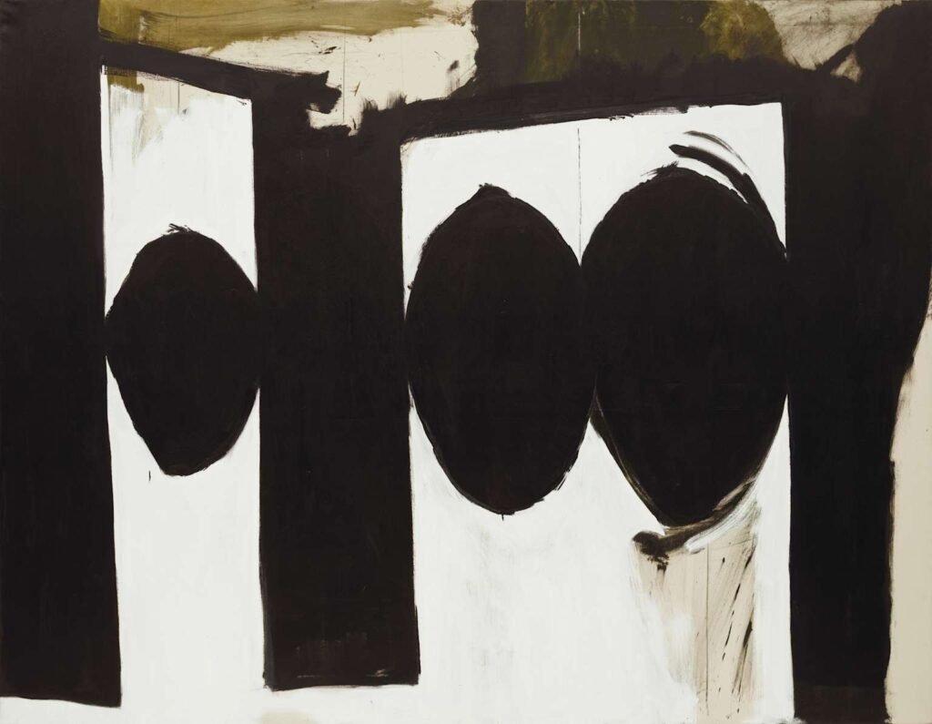 Artist: Robert Motherwell.​
Year: 1971.
This energetic, aggressive masterpiece conveys notions of stoic strength and strange anxiety through its primal, conspicuous brushstrokes.