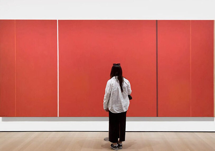 Artist: Barnett Newman​
Year: 1950–1951￼​
Translating to "Man, Heroic and Sublime," this overwhelmingly large canvas was Newman's attempt to capture the tragic human condition during the onset of the Cold War.