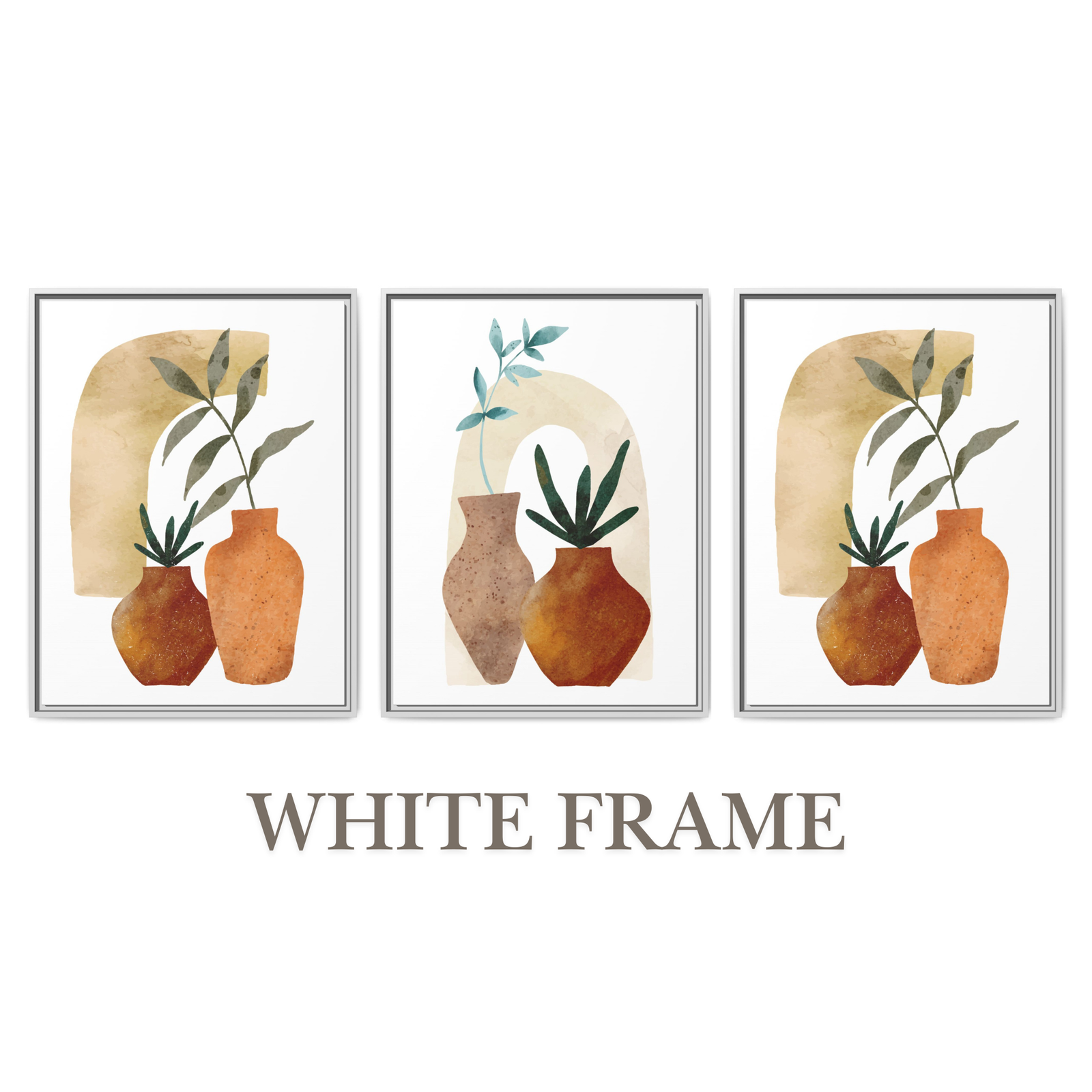Neutral Boho Wall Art Set of 3 – Botanical Plant Prints, Triptych in Black, White, Espresso & Blonde Wood Frames