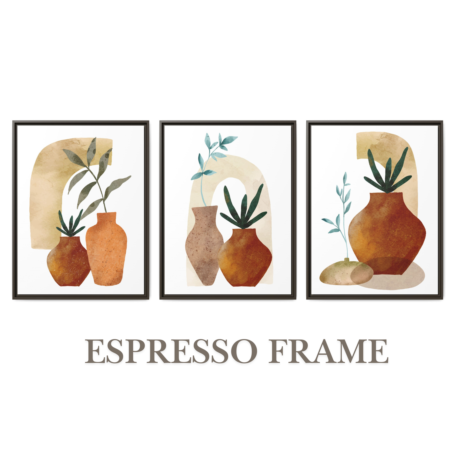 Boho Botanical Wall Art Set of 3 – Leaves Pot Triptych Prints, Framed in Black, White, Espresso or Blonde Wood