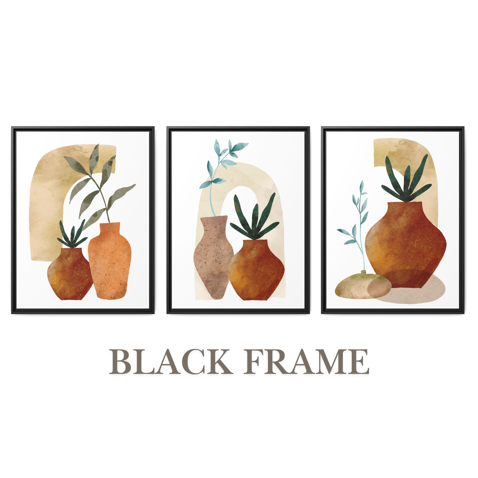 Bohemian Leaves Wall Art Triptych – Set of 3 Botanical Pot Prints, Black White Espresso or Blonde Wood Frames