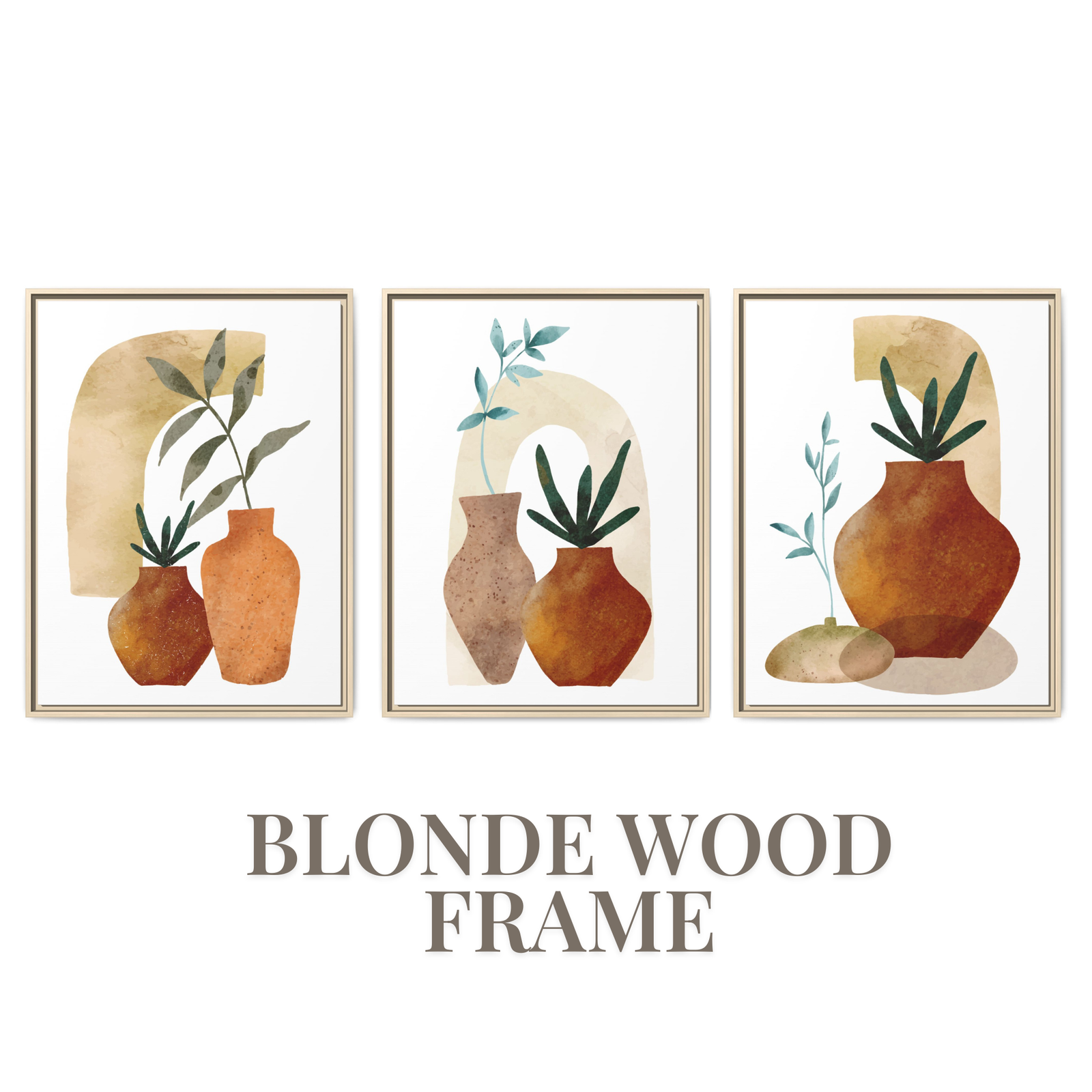 Boho Leaves in Pot Wall Art Set of 3 – Neutral Botanical Triptych, Multiple Frame Options (Black, White, Wood)