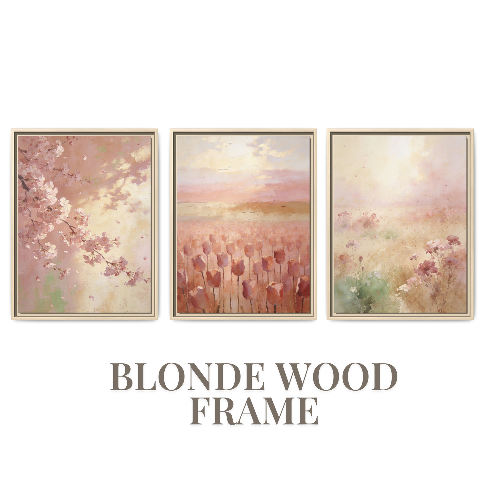 Blush Pink Boho Floral Wall Art Set of 3 Blonde Wood Frame