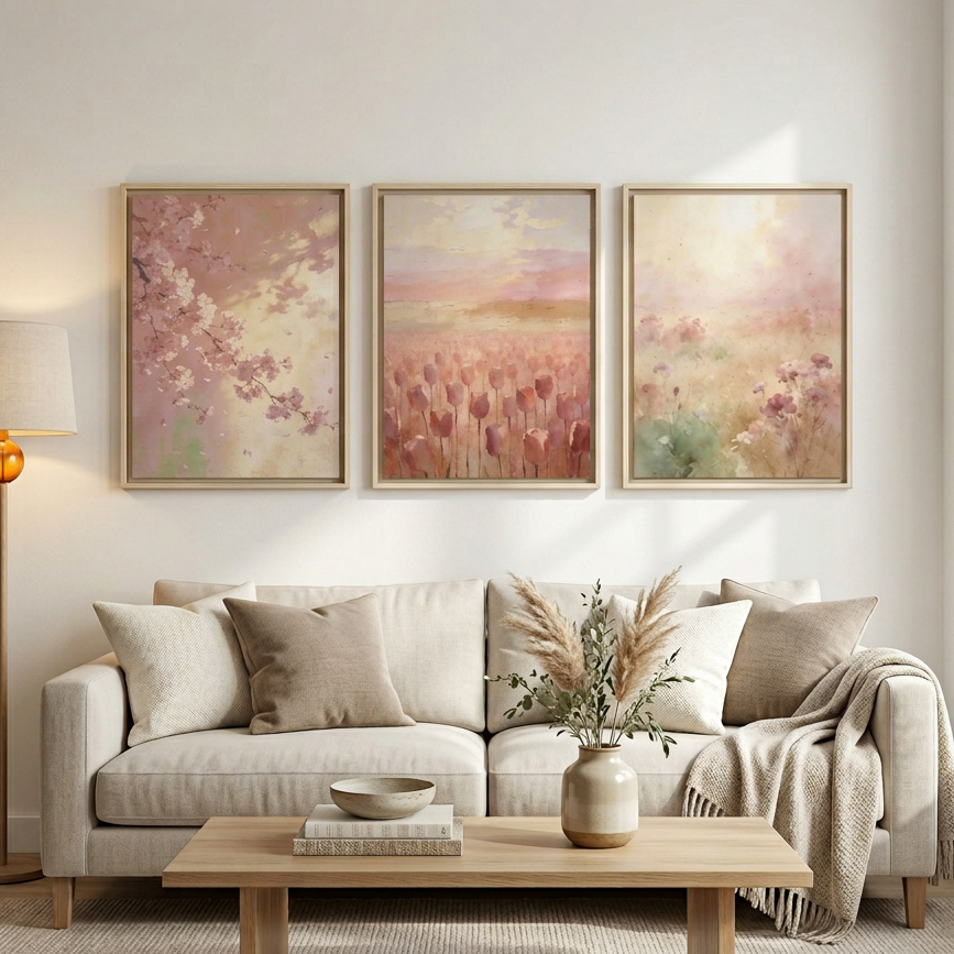 Blush Pink Boho Floral Wall Art Set of 3 Interior living room look