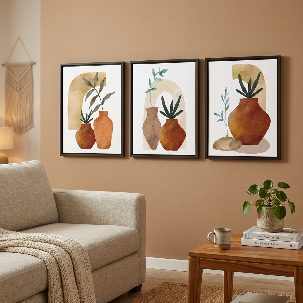 Boho Leaves in Pot Wall Art – Set of 3 Canvas Prints, Minimalist Botanical Triptych Decor