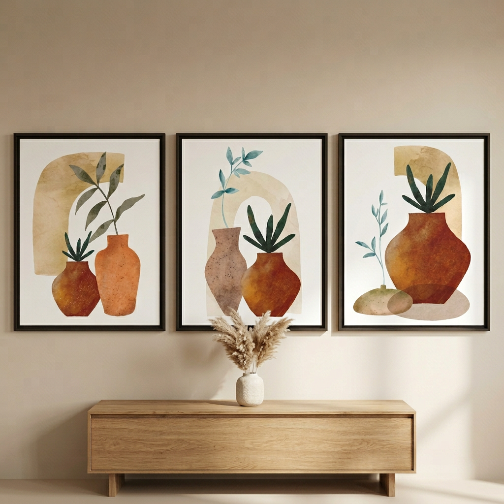 Boho Botanical Wall Art Set of 3 – Leaves Pot Design, Neutral Bohemian Framed Triptych Prints