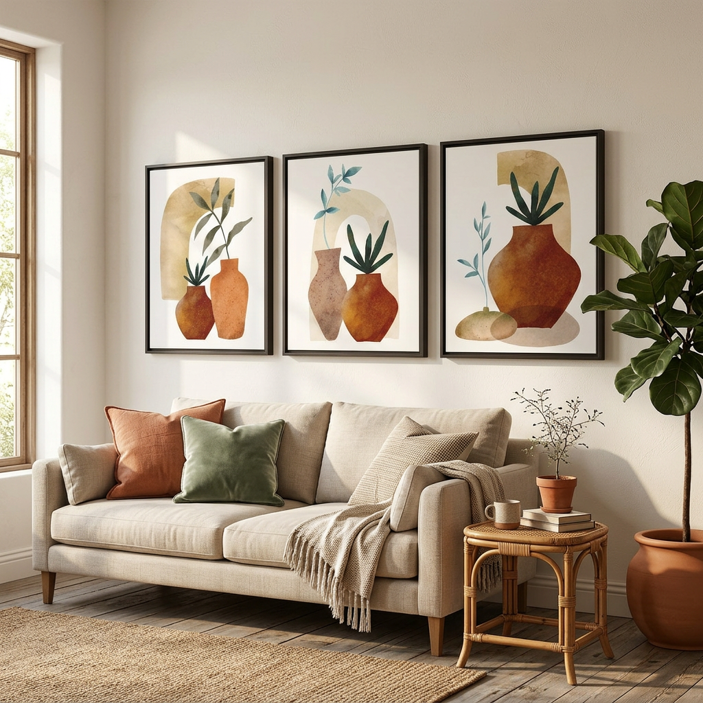 Boho Botanical Wall Art Set of 3 – Leaves Pot Design, Neutral Bohemian Framed Triptych Prints