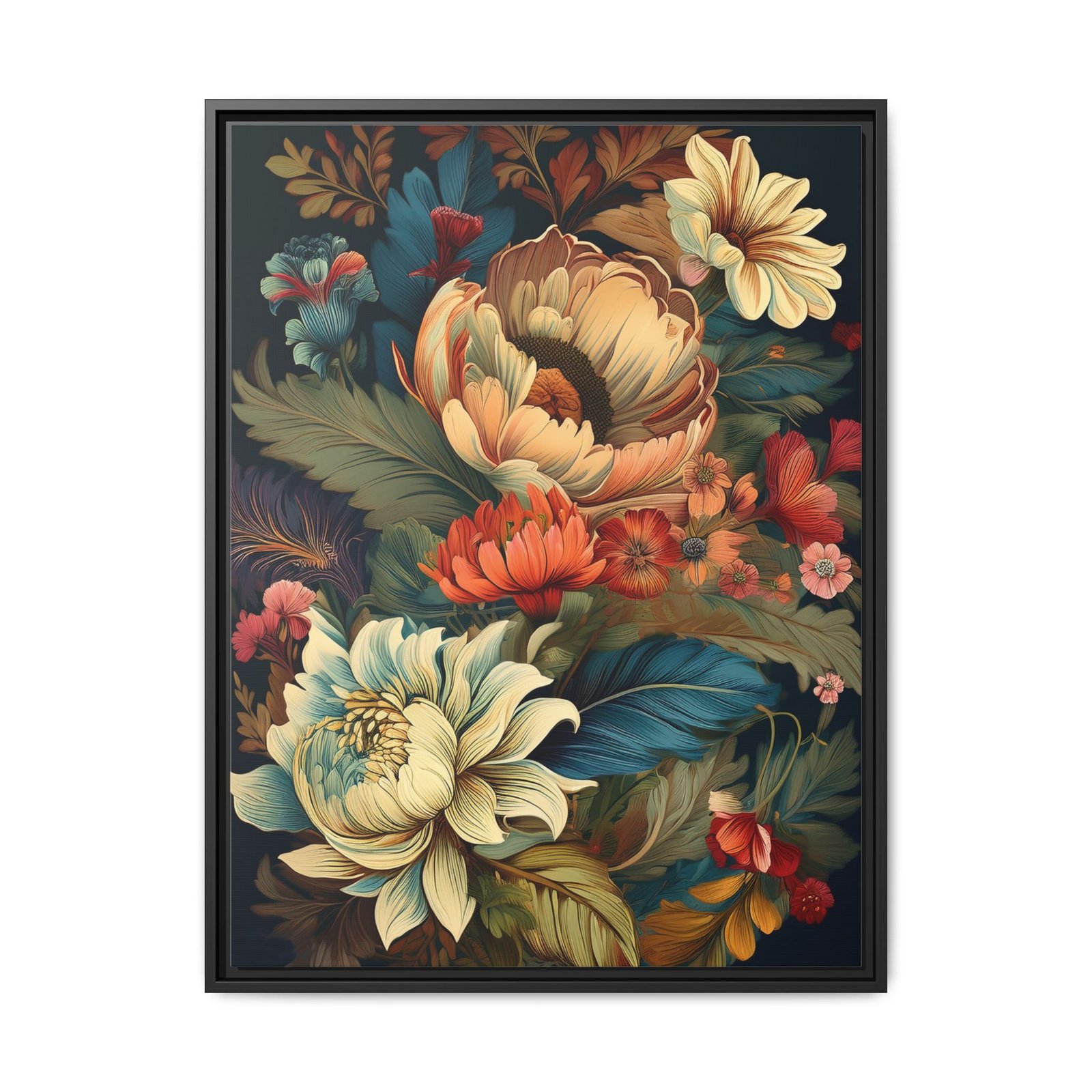 Dark Boho Floral Canvas Wall Art Botanical Print Black Frame