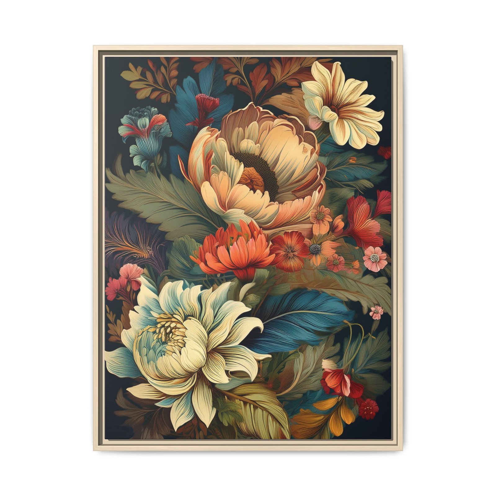 Dark Boho Floral Canvas Wall Art Botanical Print Blonde Wood Frame