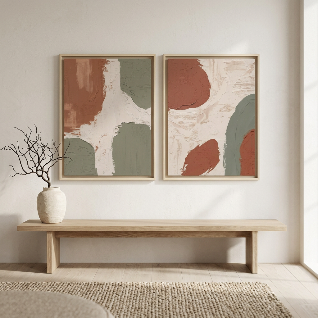 Hues of mud abstract boho art, minimalist beige set of 2 frames, for living room