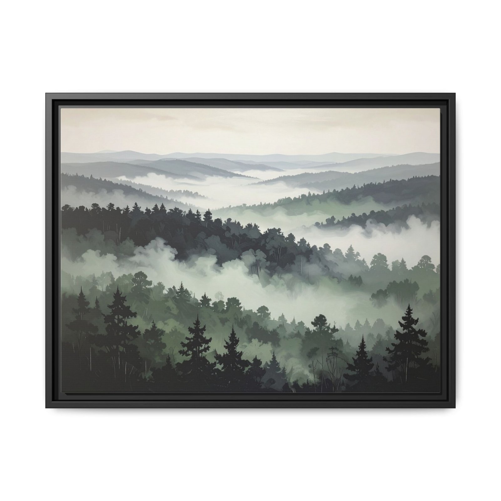Moody Foggy Forest Canvas Wall Art Black Frame