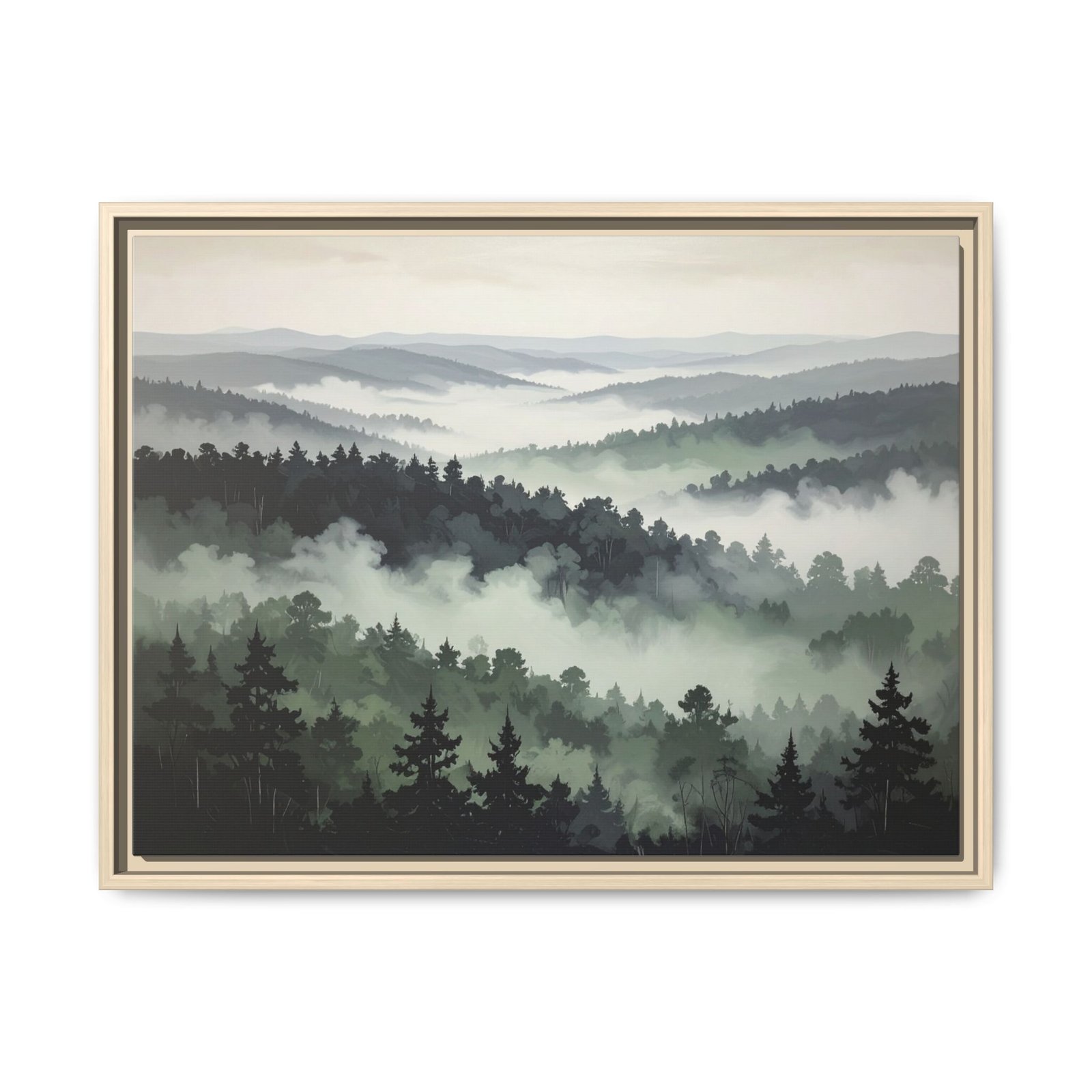 Moody Foggy Forest Canvas Wall Art Blonde Wood Frame