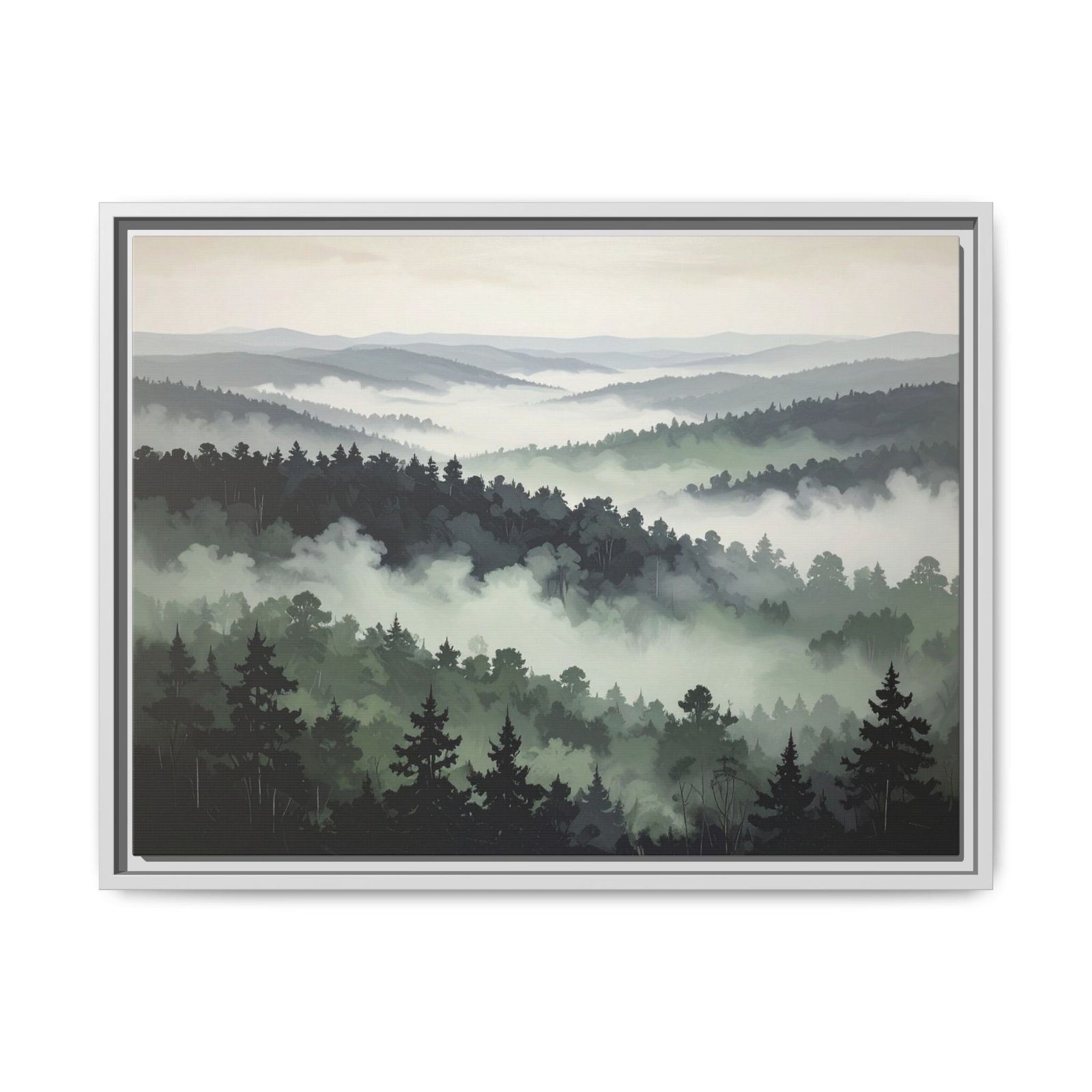 Moody Foggy Forest Canvas Wall Art White Frame