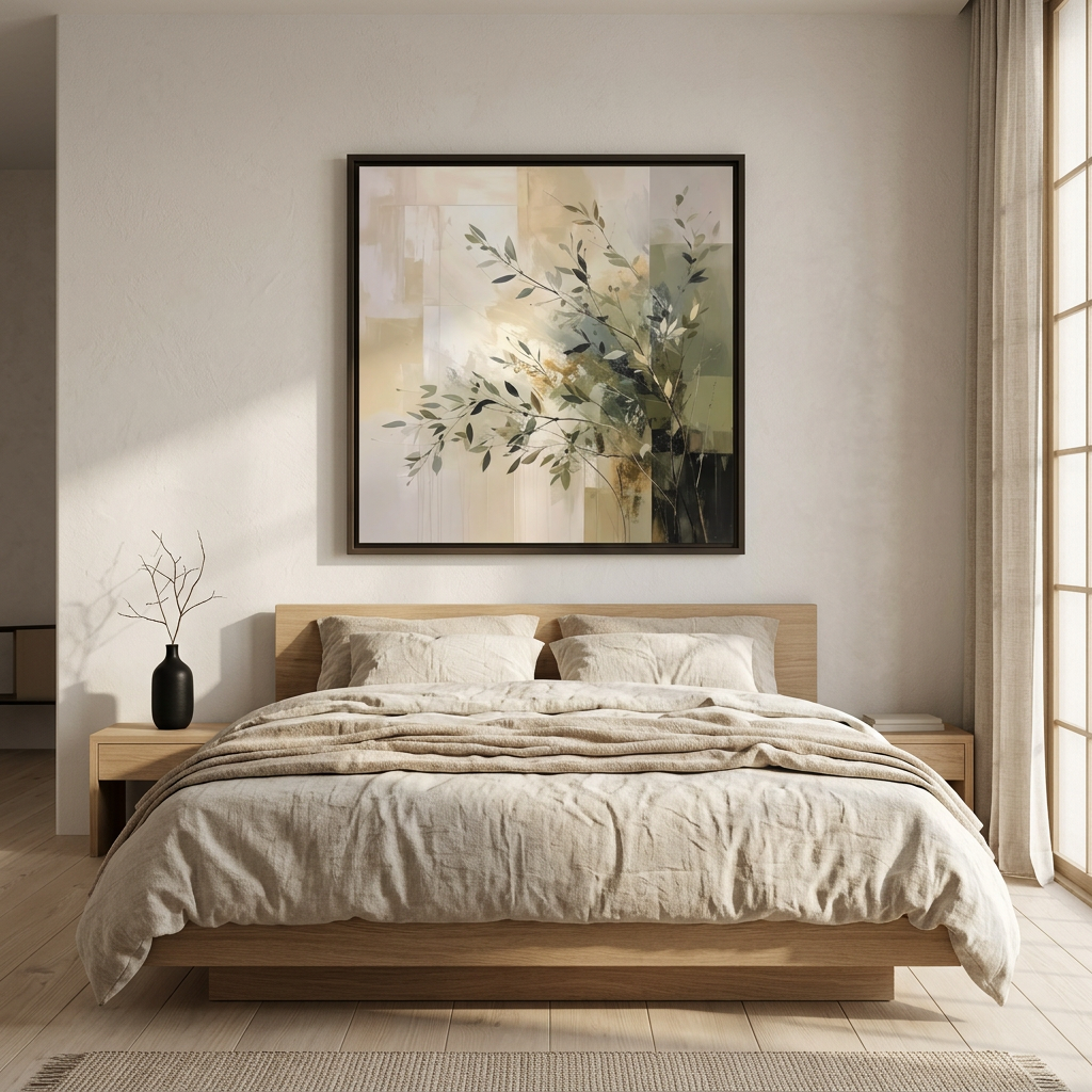 Abstract olive branch painting in sage green and beige for Japandi bedroom decor.