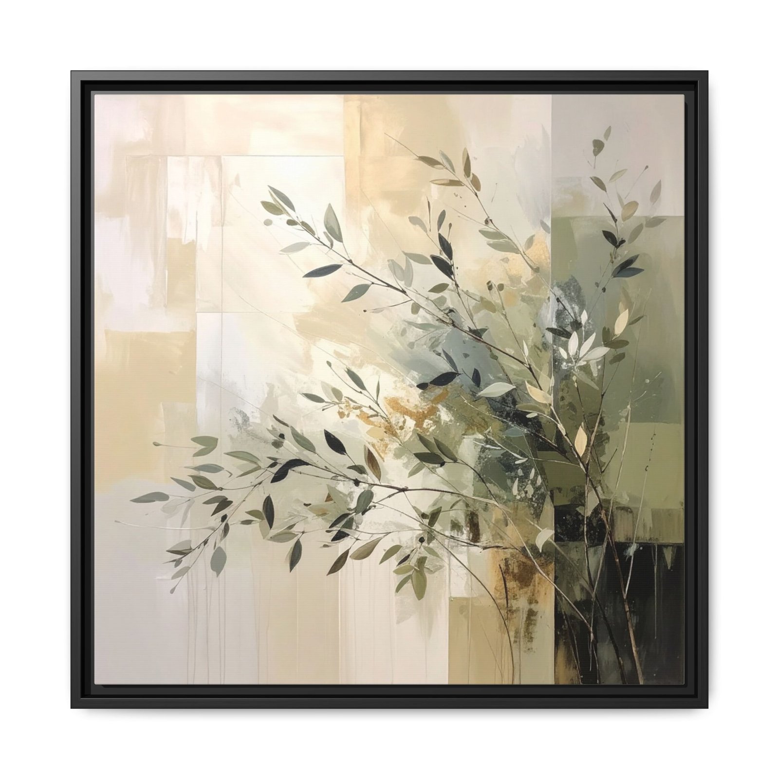 Neutral Olive Branch Abstract Wall Art Black