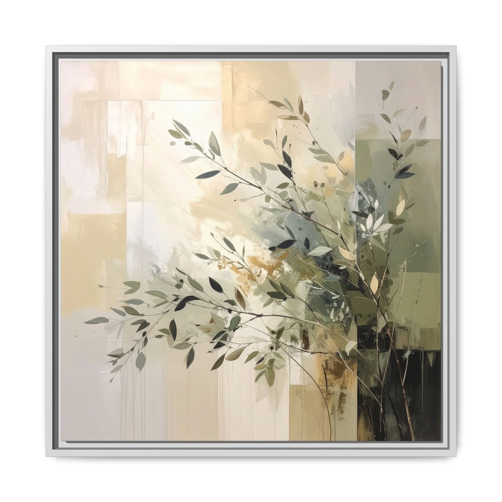 Neutral Olive Branch Abstract Wall Art White