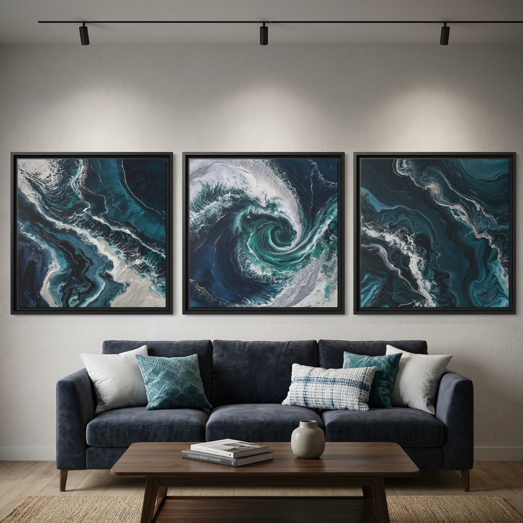 Pacific Ocean series square frames, abstract water paintings for wall decor and living room