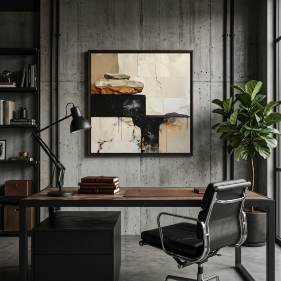 River Stone Abstract Wall Art Office | Wabi-Sabi Industrial Canvas