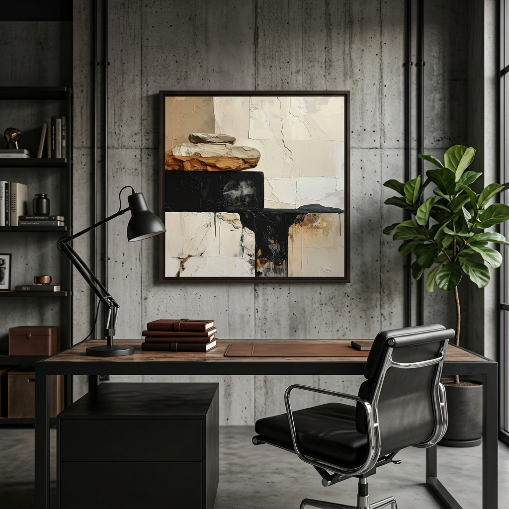 River Stone Abstract Wall Art Office | Wabi-Sabi Industrial Canvas