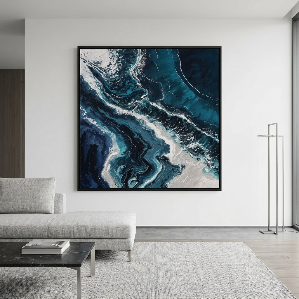 deep blue drift ocean abstract painting for living room, large statement piece
