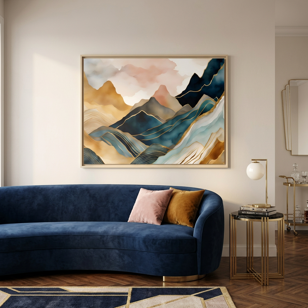 magical mountains gold accent painting for living room
