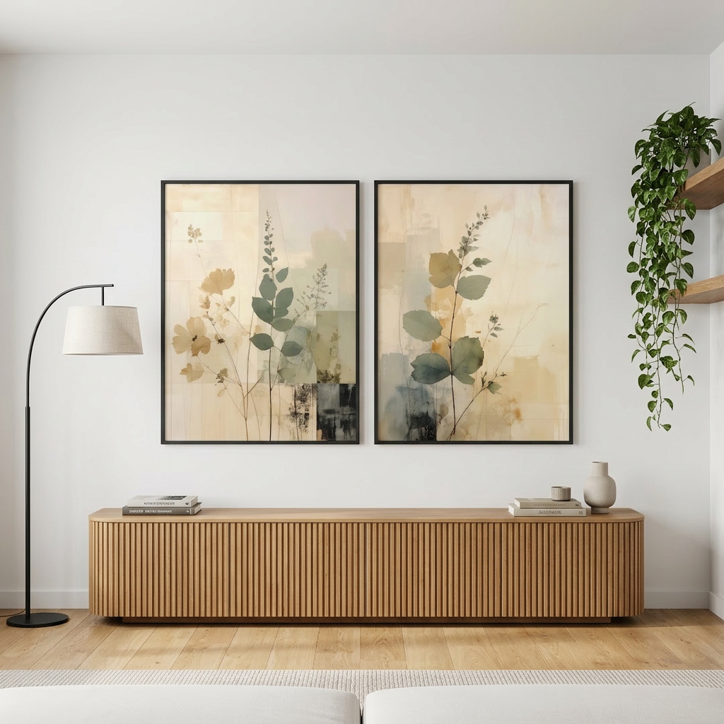 Olive Branch Wall Art Neutral Beige Set | Japandi Botanical Canvas Diptych