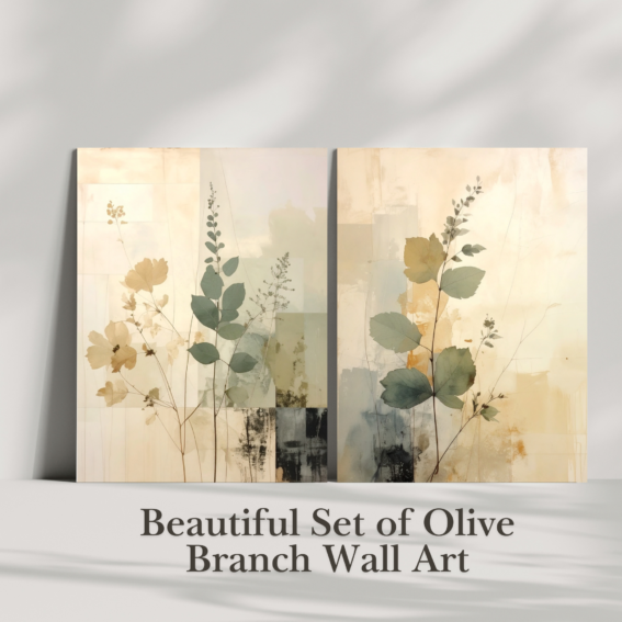 Olive Branch Wall Art Neutral Beige Set | Japandi Botanical Canvas Diptych