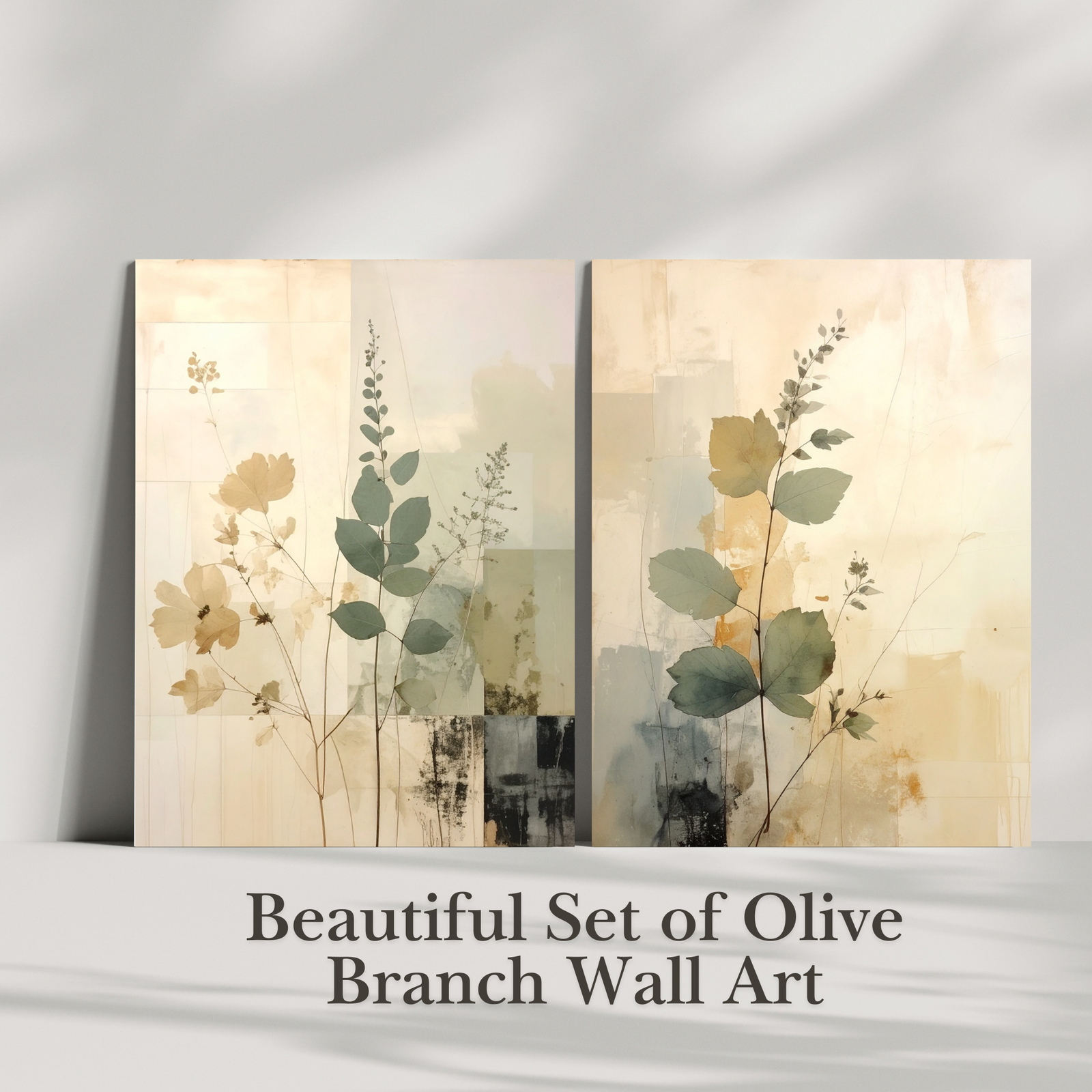Olive Branch Wall Art Neutral Beige Set | Japandi Botanical Canvas Diptych