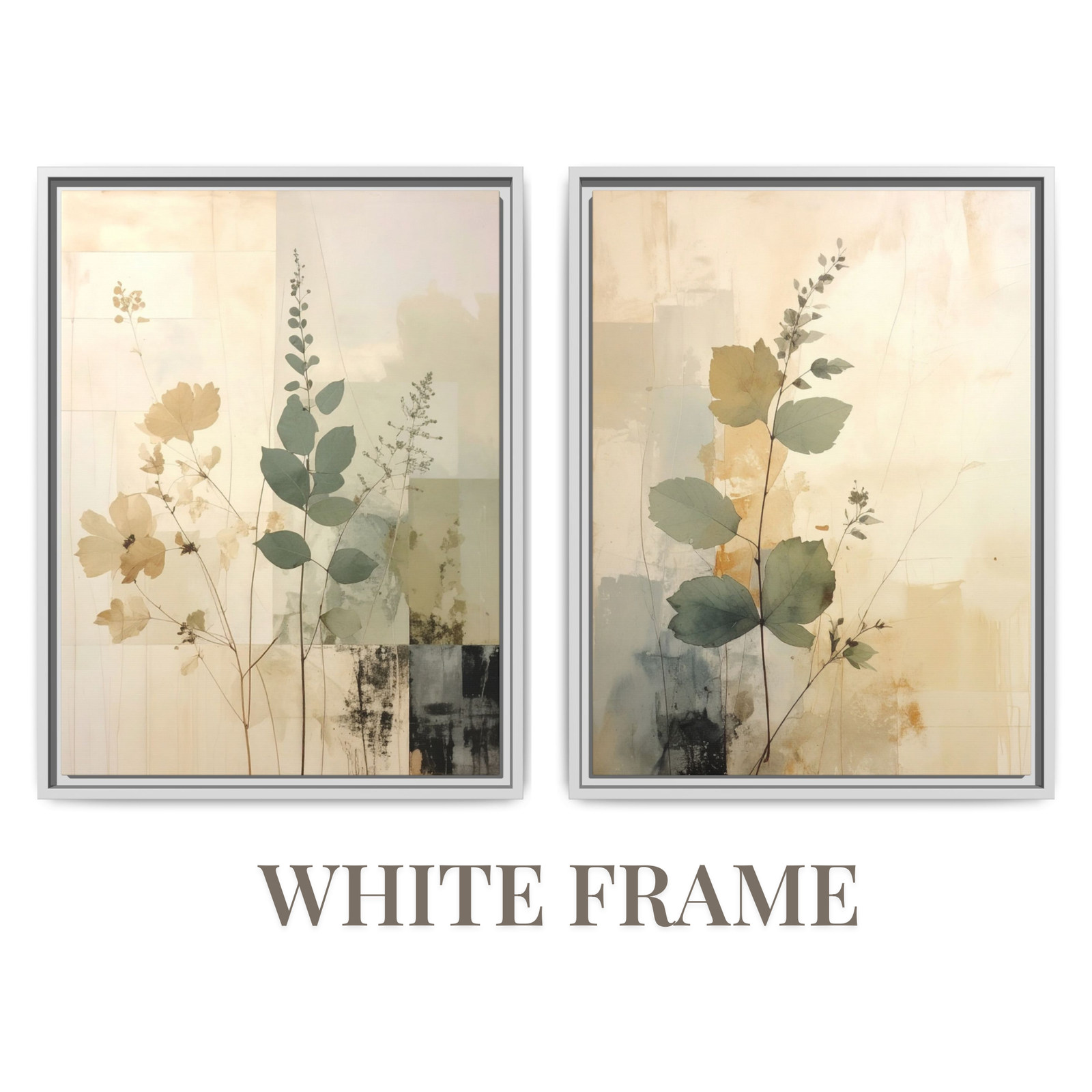 Olive Branch Wall Art Neutral Beige Set | Japandi Botanical Canvas Diptych