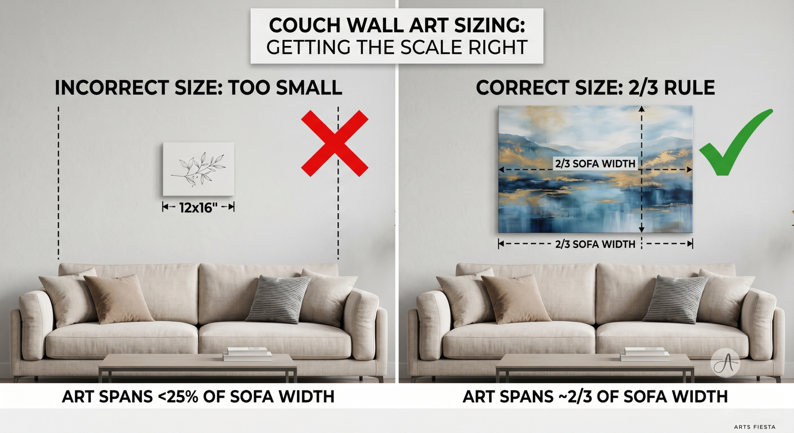 high-resolution, split-screen infographic demonstrating the 2/3 rule for couch wall art dimensions. It clearly compares art that is too small with a perfectly sized piece to help you visual the proper scale for your space.