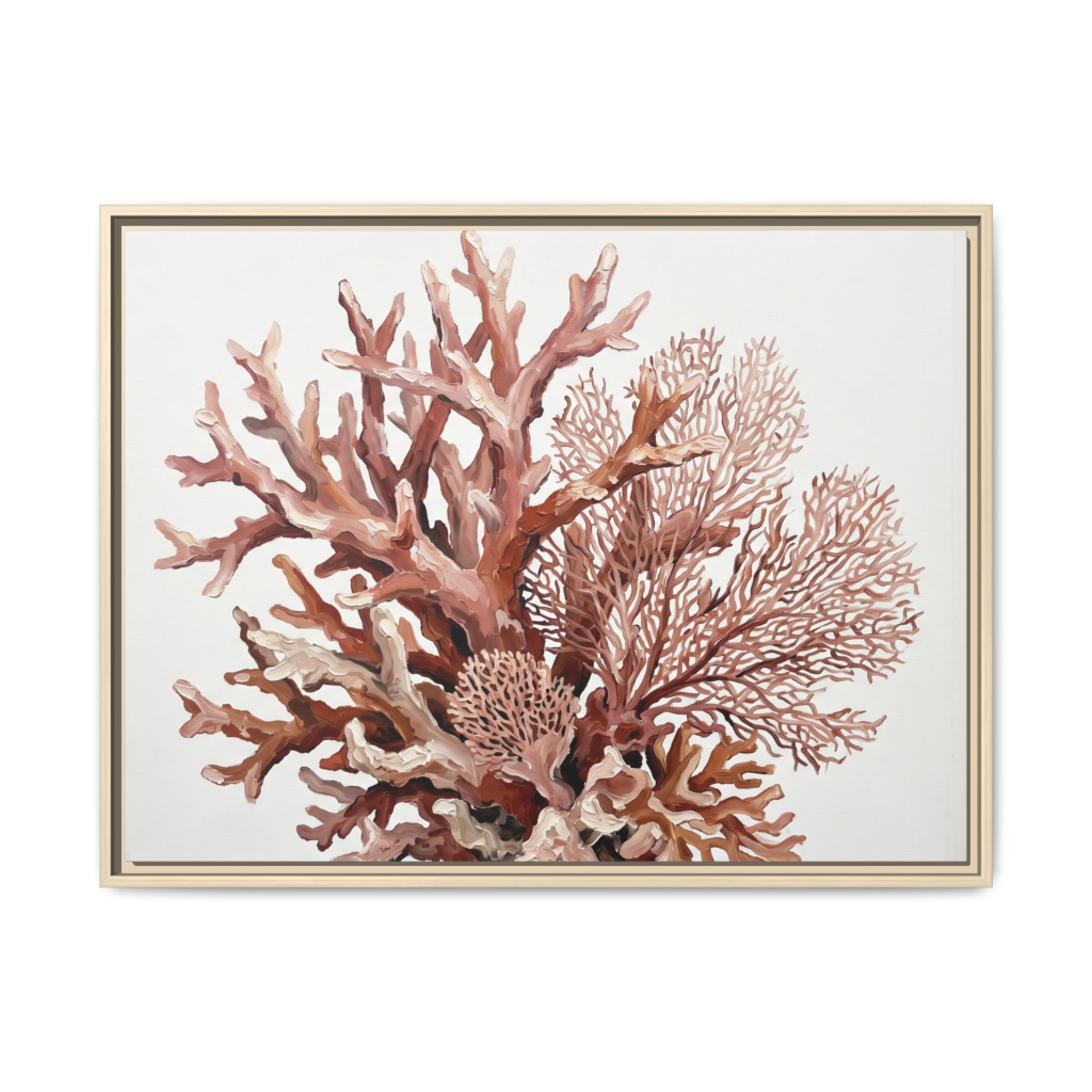 Coral Bloom botanical reef canvas print in a natural blonde wood float frame, contemporary ocean wall art for sale, close-up terracotta coral study on white background, Arts Fiesta