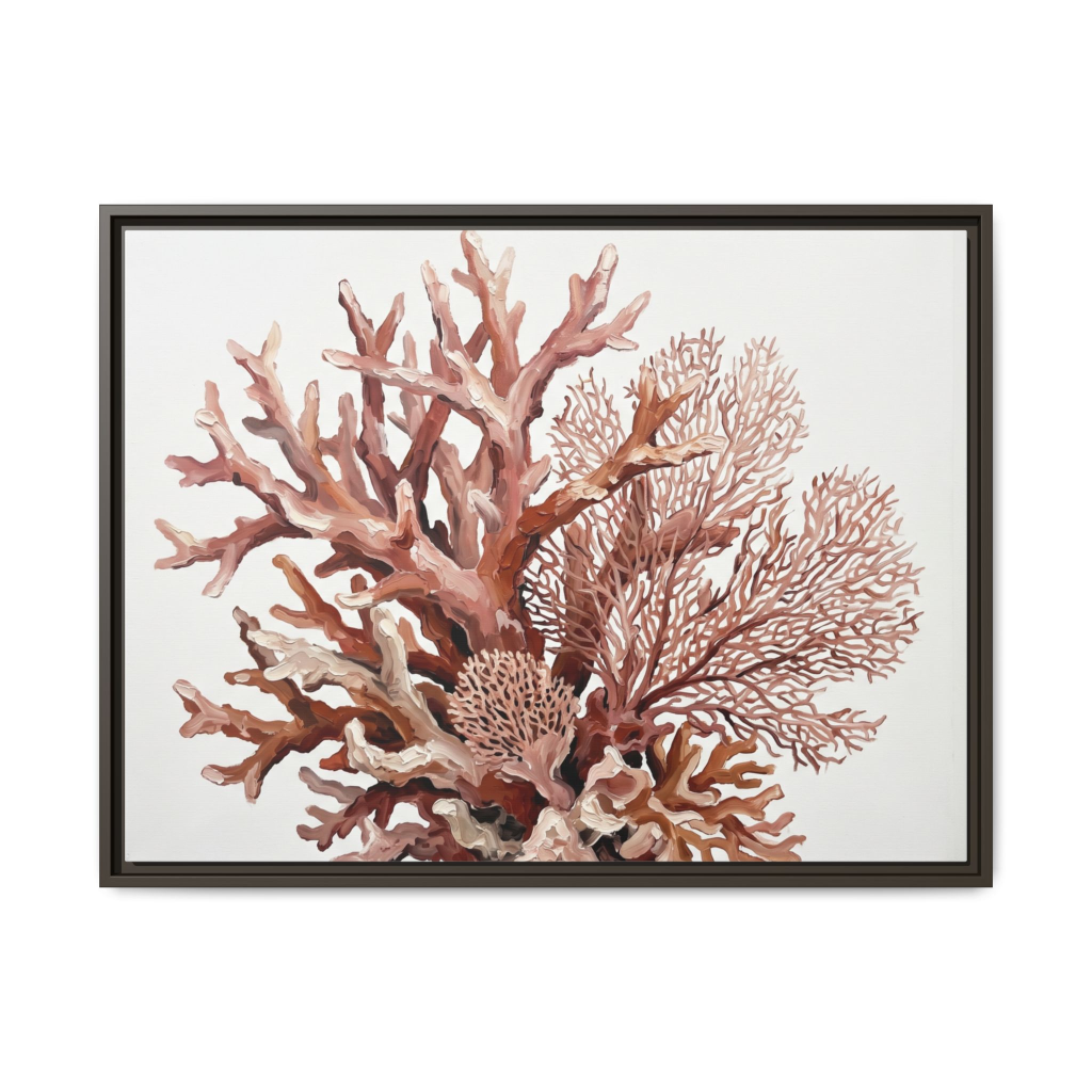 Botanical coral canvas wall art in a rich espresso wood frame, warm pink and rust coral reef painting print for living room or bedroom, earthy coastal art for modern home decor