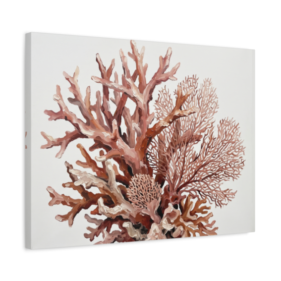 Coral reef botanical canvas print in a stretched canvas frame, high-contrast terracotta and dusty rose coral wall art for sale, contemporary ocean-inspired painting for modern interiors