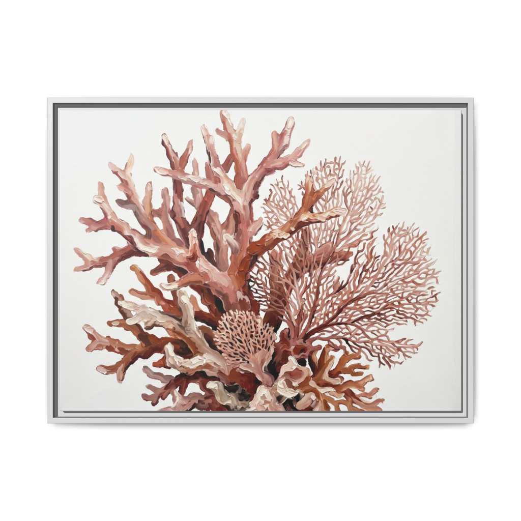 Coral Bloom reef painting in a white gallery frame, airy coastal botanical canvas wall art for bedroom or living room, soft pink and terracotta coral on white background, Arts Fiesta