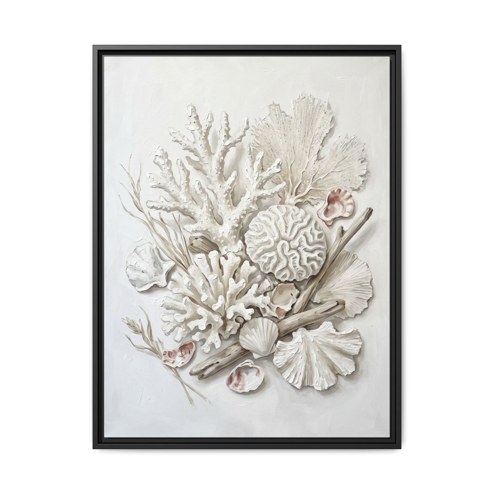 Ivory Reef Black Frame White coral botanical canvas print in a sleek black float frame, high-contrast ivory reef and shell wall art for sale, minimalist coastal painting for contemporary interiors, Arts Fiesta