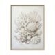 Ivory Reef Blonde Wood White coral reef botanical canvas print in a natural blonde wood float frame, minimalist coastal wall art for sale, ivory shell and driftwood arrangement on pale grey background, Arts Fiesta