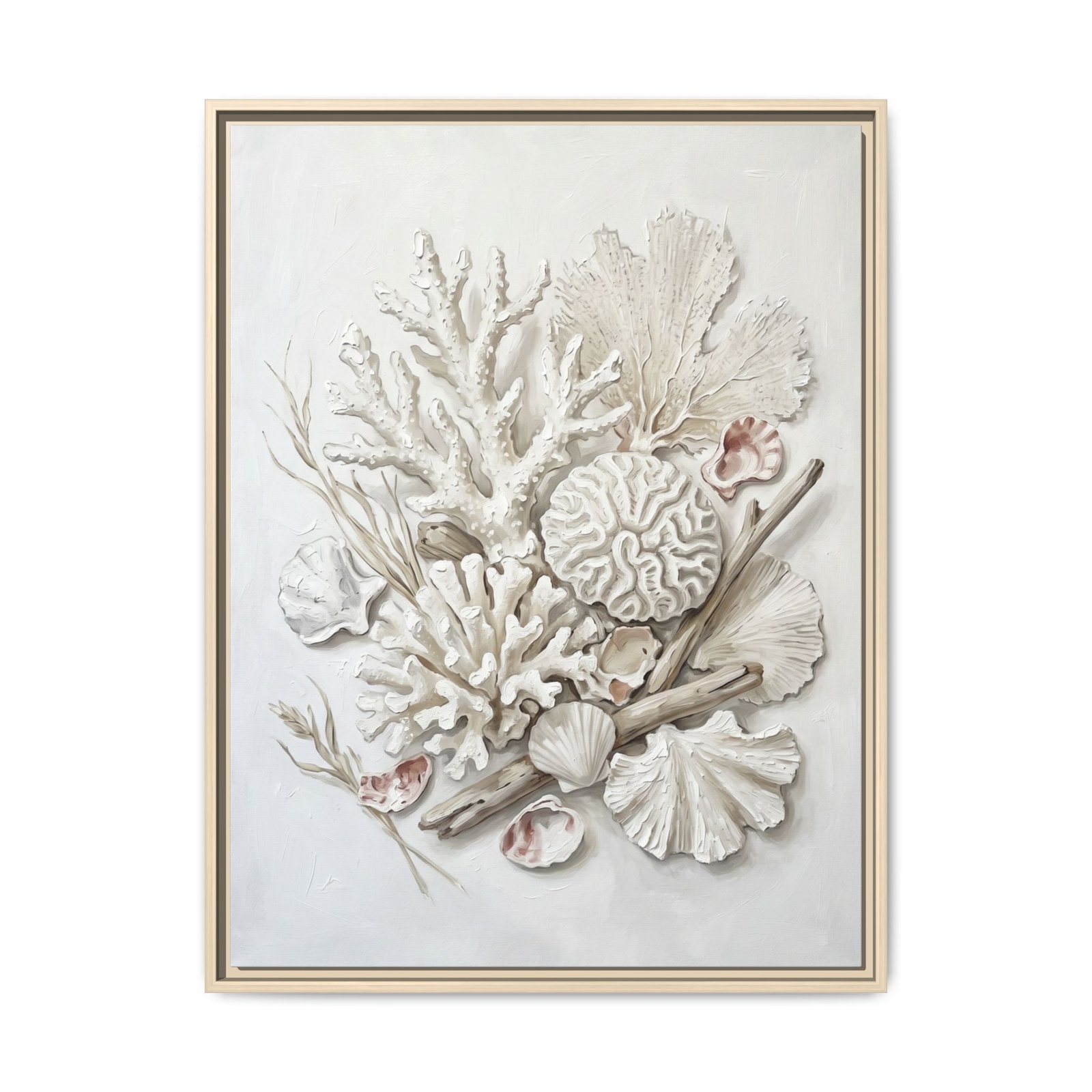 Ivory Reef Blonde Wood White coral reef botanical canvas print in a natural blonde wood float frame, minimalist coastal wall art for sale, ivory shell and driftwood arrangement on pale grey background, Arts Fiesta