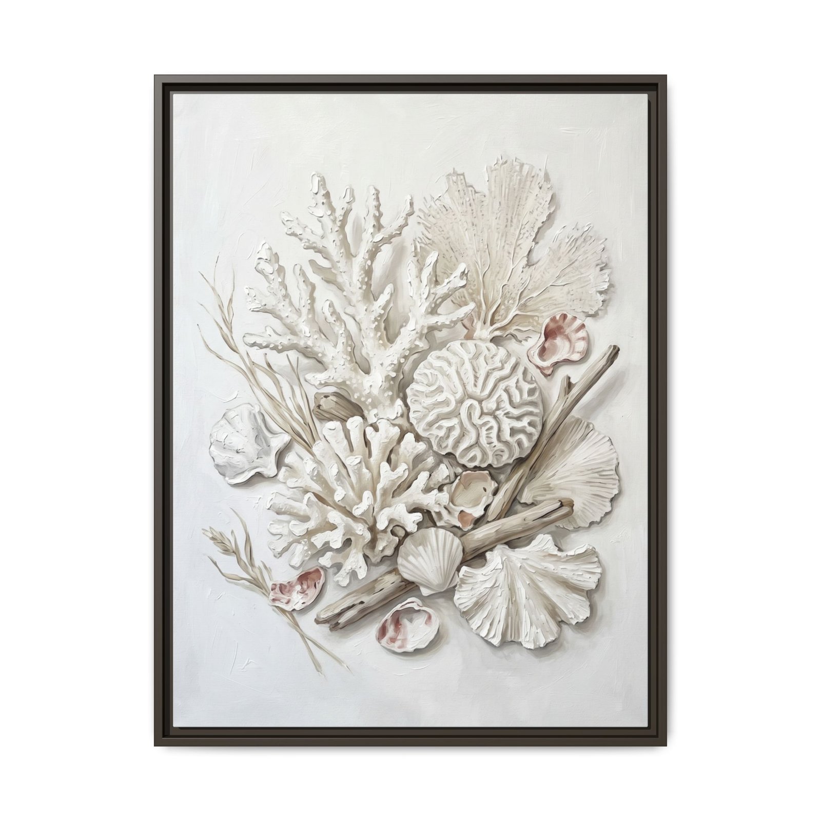 Ivory Reef Espresso Frame Ivory coral and shell canvas wall art in a rich espresso wood frame, warm neutral botanical coastal painting print for living room, cream and blush reef art for modern home decor
