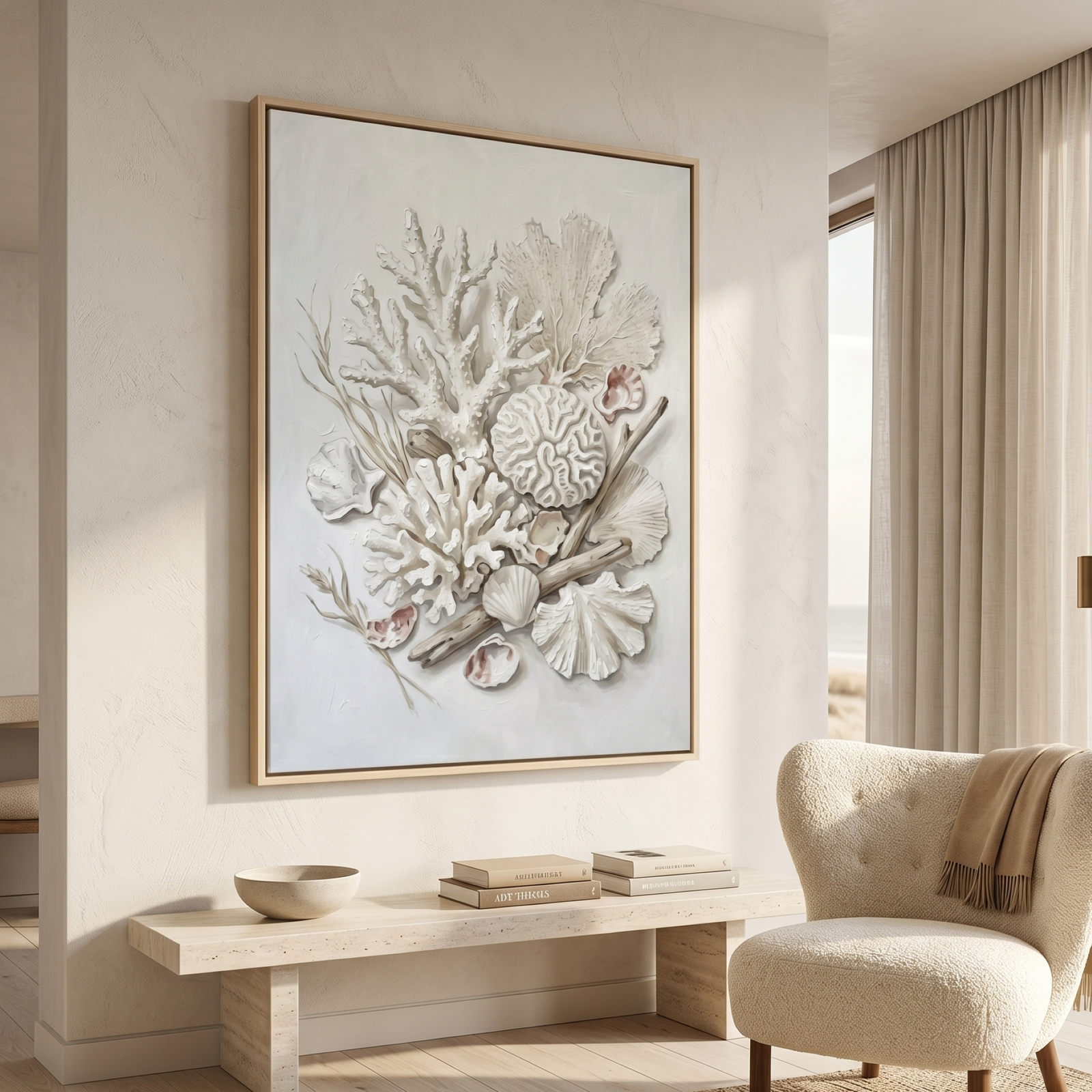 White coral and shell botanical canvas wall art hanging on a cream wall in a Scandinavian coastal living room, large-scale ivory reef painting in a blonde wood float frame, minimalist neutral home decor next to a boucle armchair